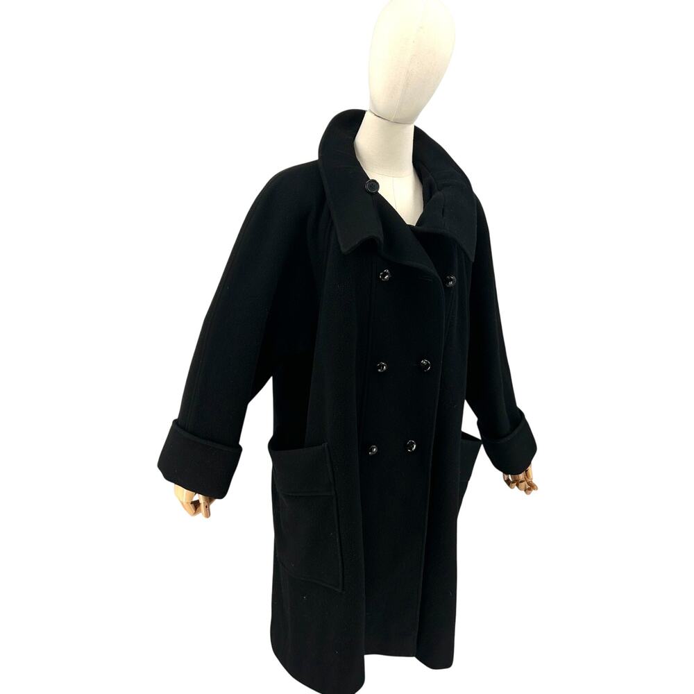 Vintage 80s Black Wool Blend Double Breasted Shoulder Pad Swing Coat